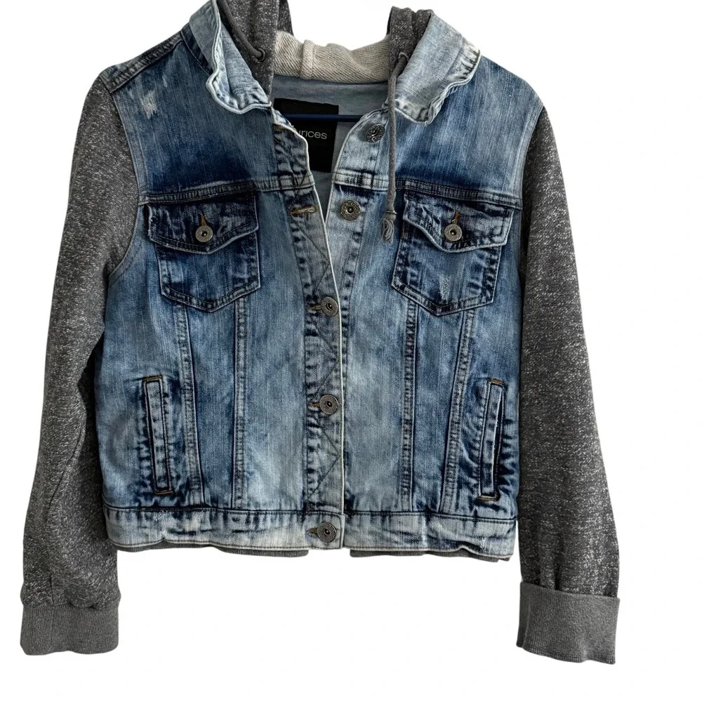 Maurices Hooded Denim Jacket Womens M Medium Blue Gray Mixed Media Trucker